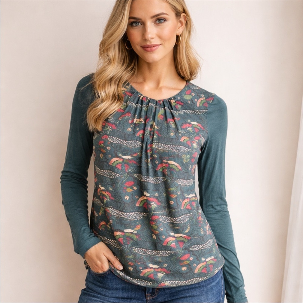 Boden Womens Teal Floral Long Sleeve Blouse UK 8 US 4 Boho Stretch Top Casual
